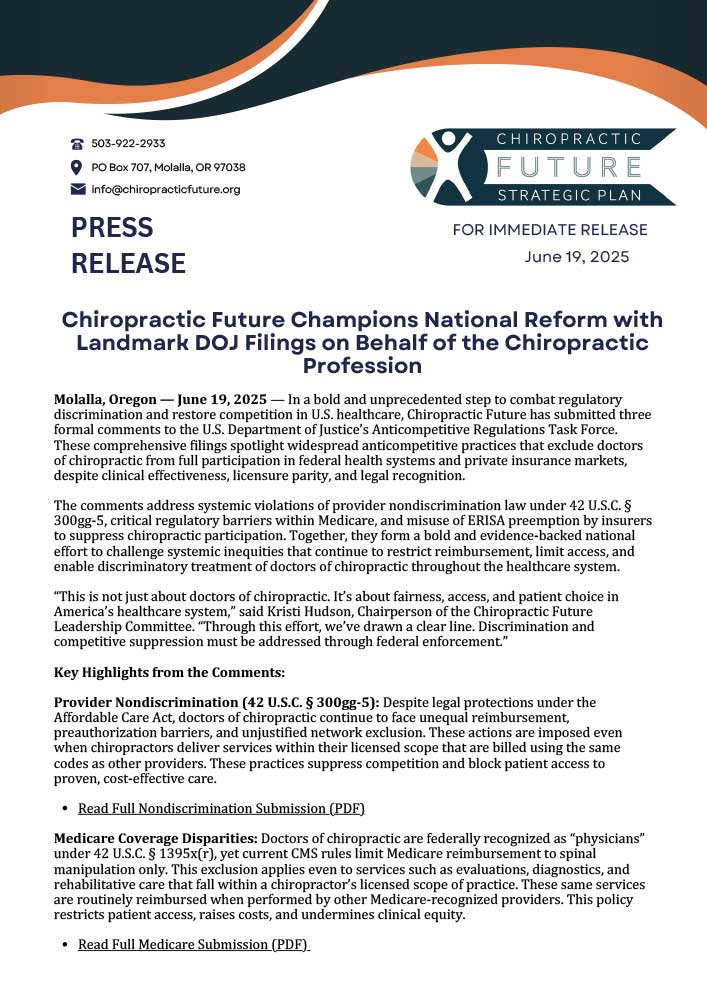 Chiropractic Future Champions National Reform with Landmark DOJ Filings on Behalf of the Chiropractic Profession