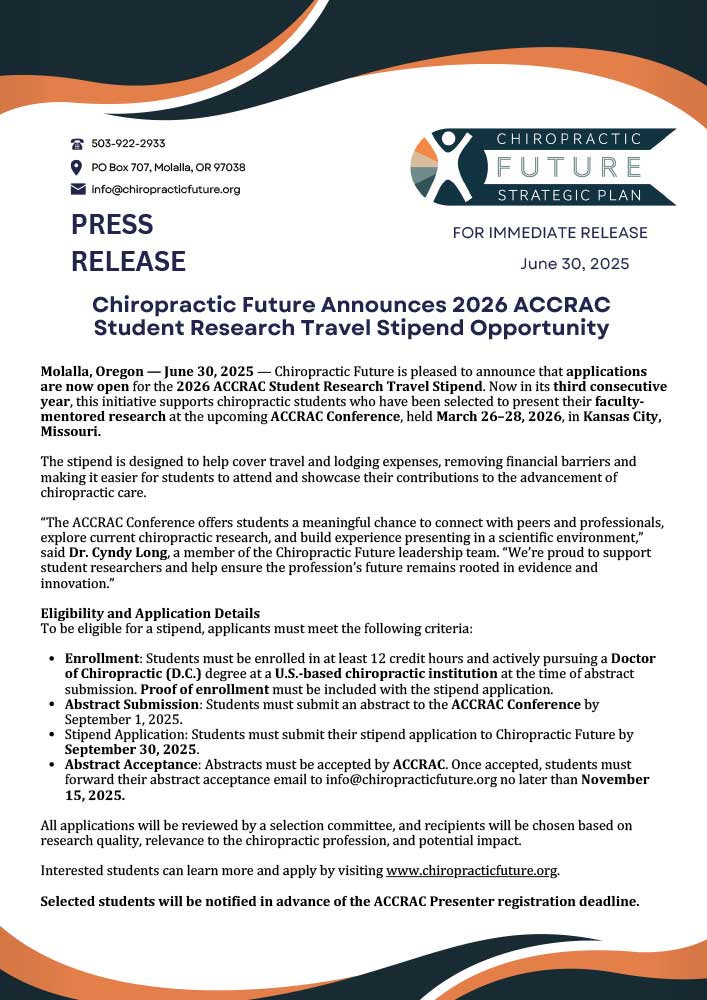 Chiropractic Future Announces 2026 ACCRAC Student Research Travel Stipend OpportunityJune