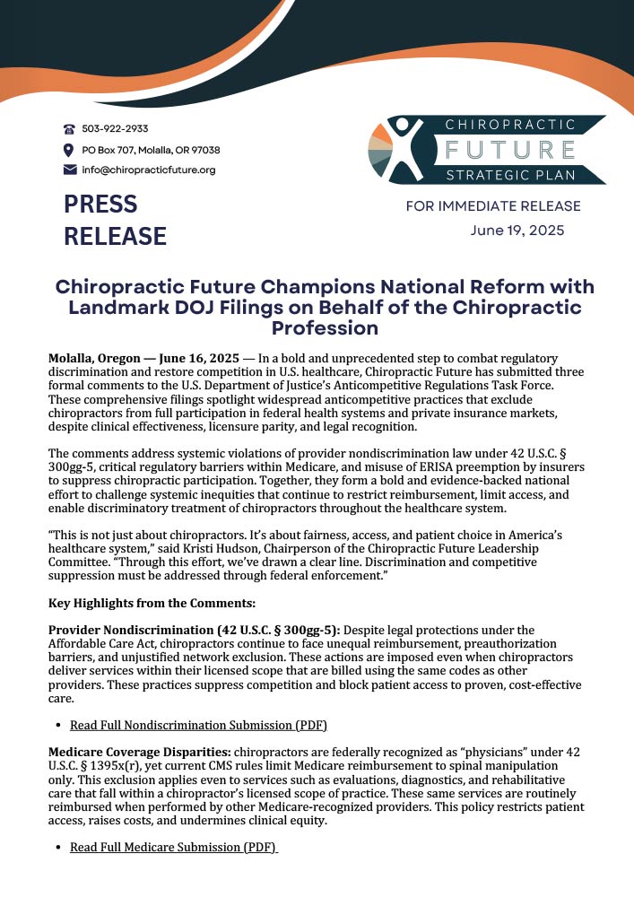 Chiropractic Future Champions National Reform with Landmark DOJ Filings on Behalf of the Chiropractic Profession