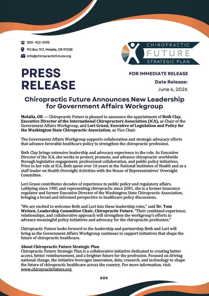 Chiropractic Future Announces New Leadership for Government Affairs Workgroup
